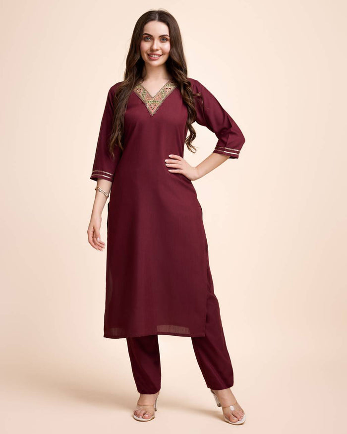 Women Maroon Cotton Embroidered Kurta Pant Set