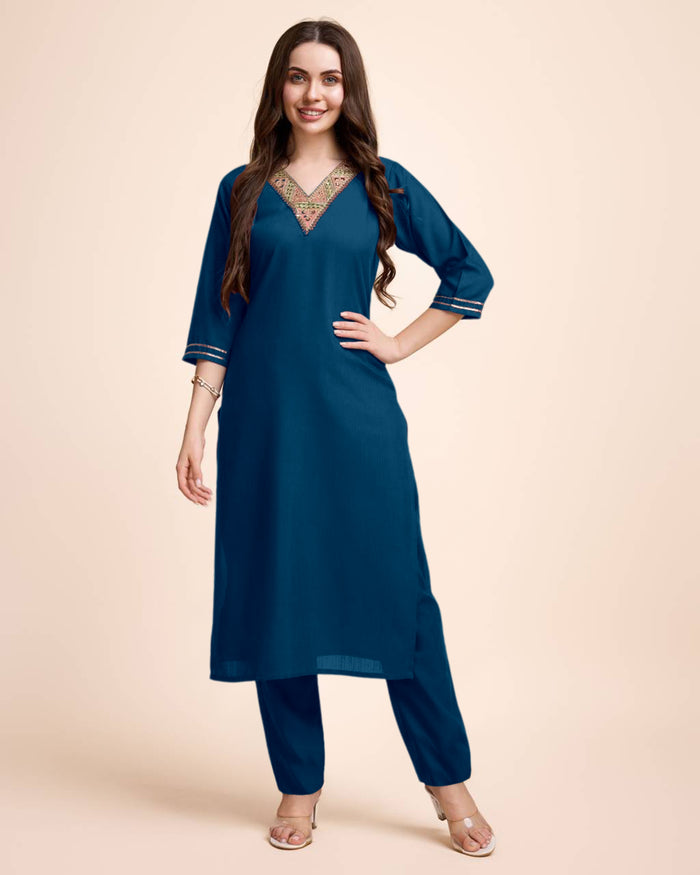 Women Navy Blue Cotton Embroidered Kurta Pant Set