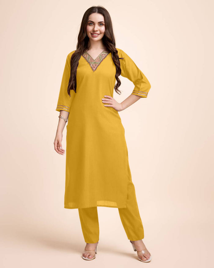 Women Yellow Cotton Embroidered Kurta Pant Set