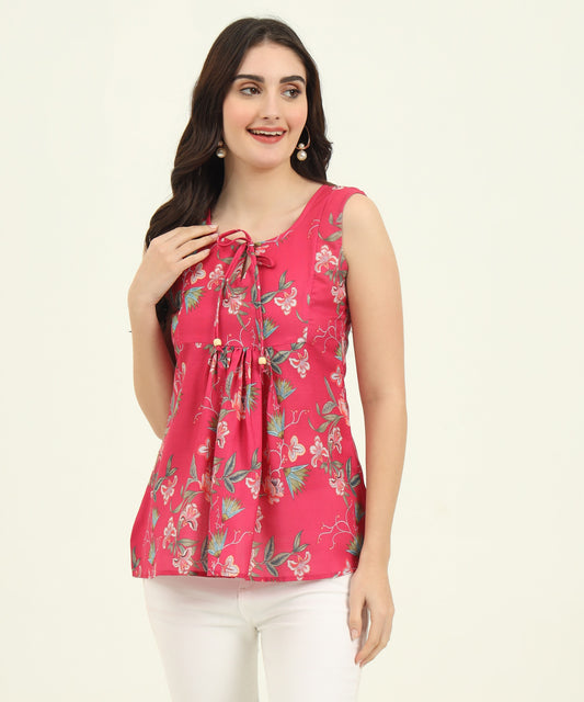 Rani Pink Floral Peplum Top - Sleeveless Summer Tunic with Tie-Up Neck