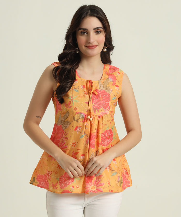 Yellow Floral Print Peplum Top - Sleeveless Summer Tunic with Tie-Up Neck