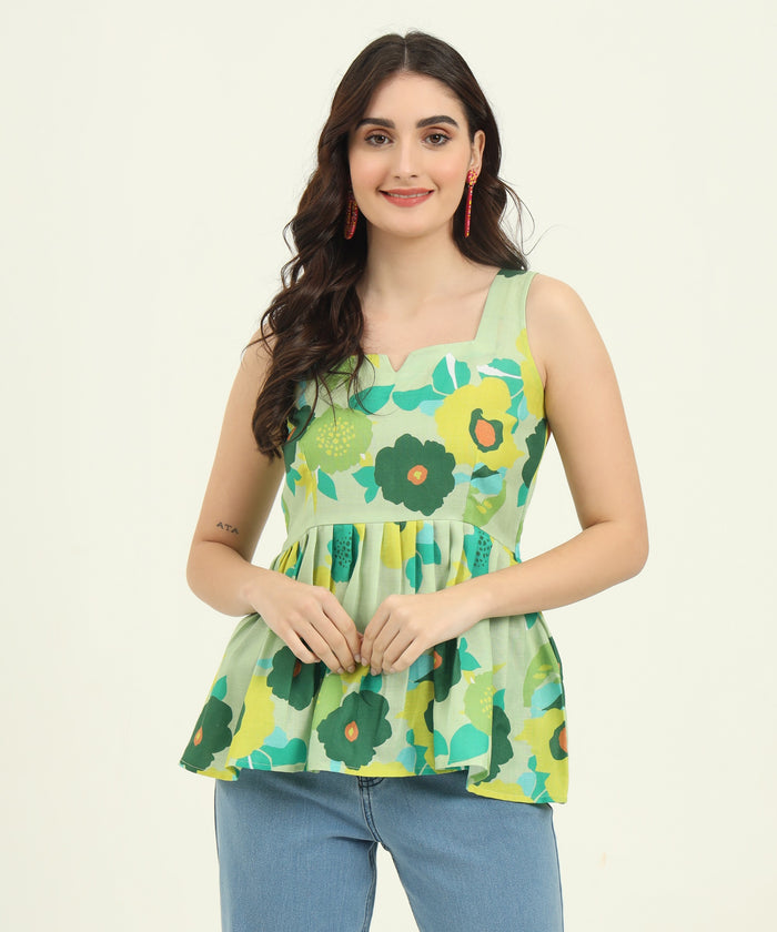 Trendy Green Printed Regular Fit Top for Women