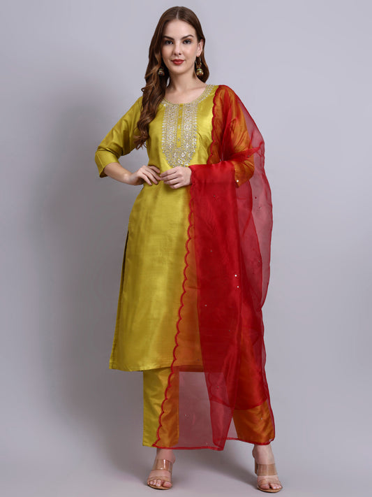 Women Parrot Green Silk Blend Embroidered Kurta Pant Dupatta Set
