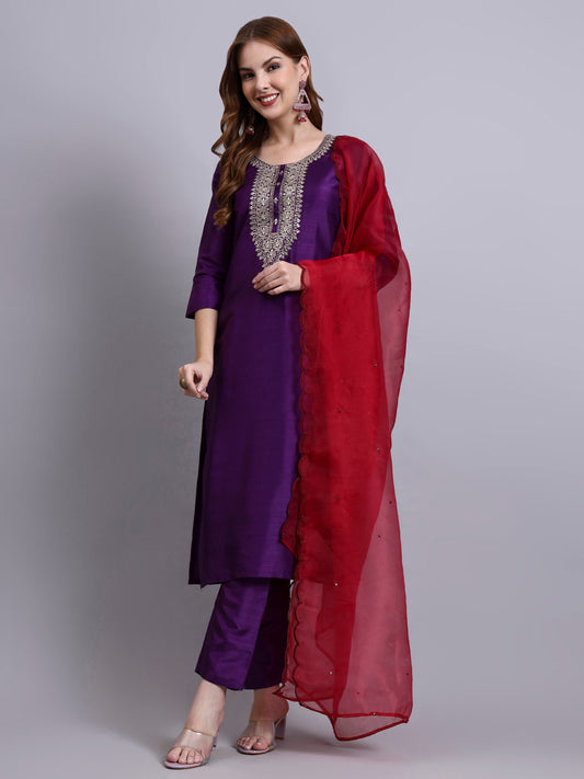 Women Purple Silk Blend Embroidered Kurta Pant Dupatta Set