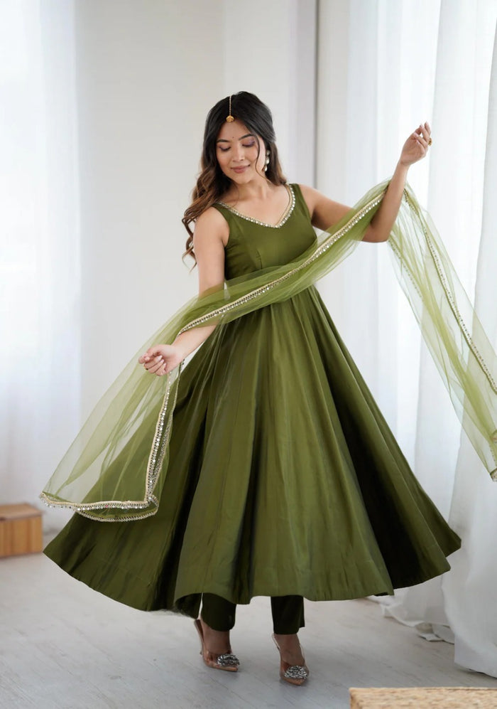 Women Mehendi Green Viscose Silk Anarkali Kurta Pant Dupatta Set