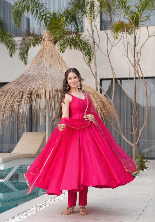 Women Rani Pink Viscose Silk Anarkali Kurta Pant Dupatta Set