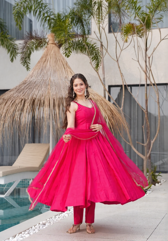 Women Rani Pink Viscose Silk Anarkali Kurta Pant Dupatta Set