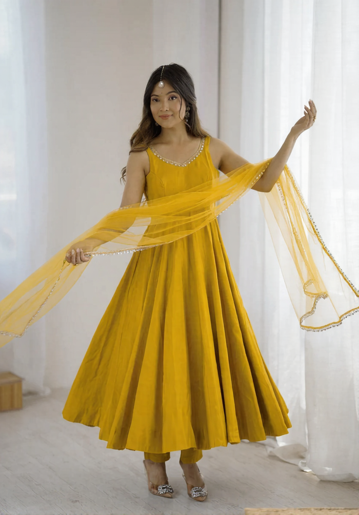 Women Yellow Viscose Silk Anarkali Kurta Pant Dupatta Set