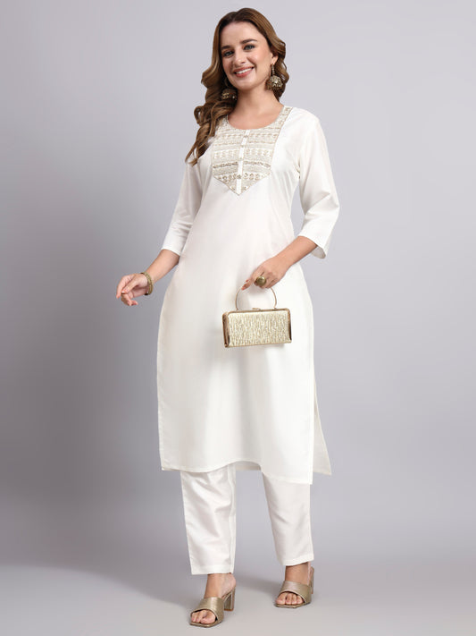 Off-White Designer Zari Sequin Yoke Kurta Pant Set