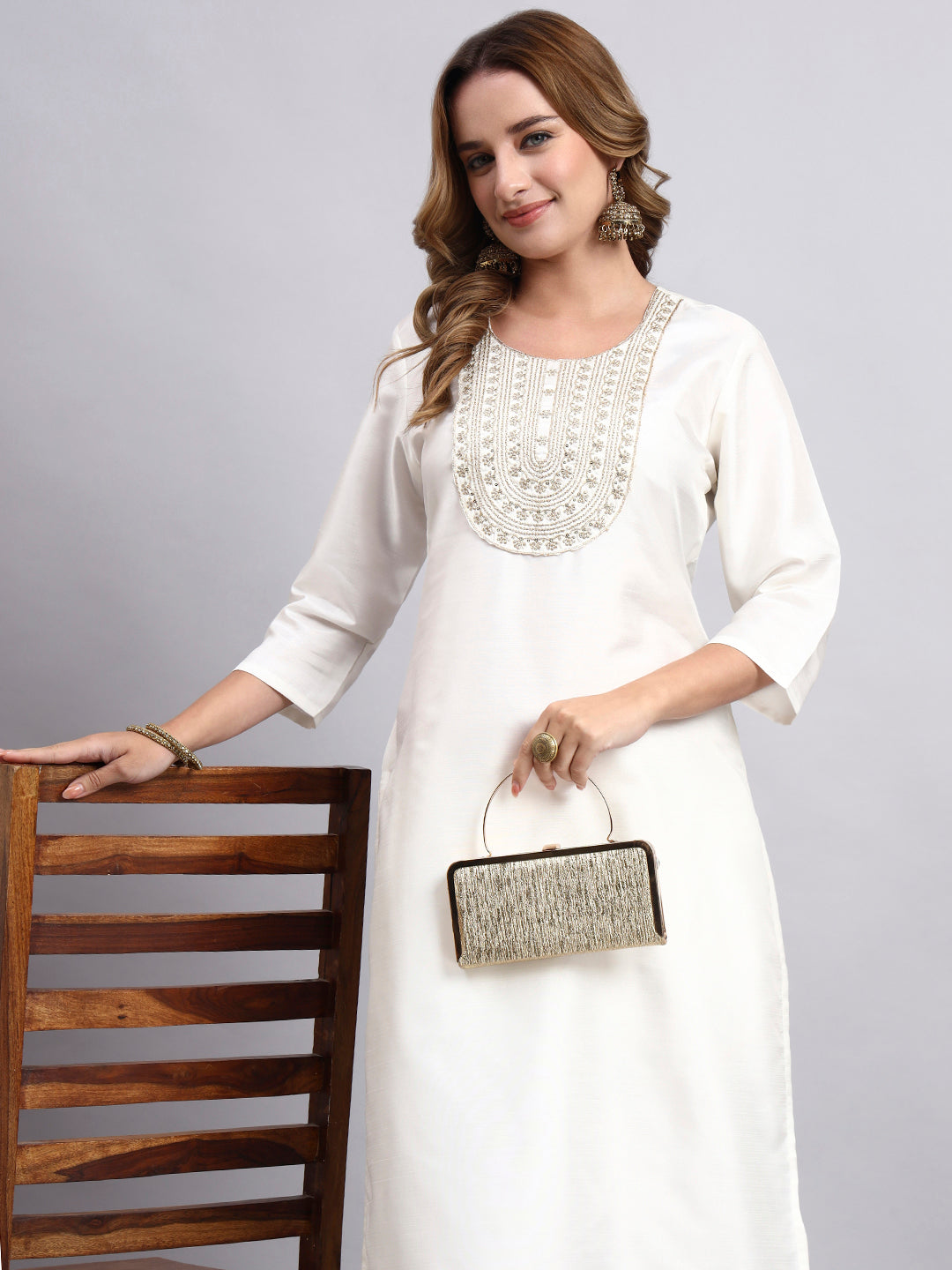 Off-White Festive Straight Kurta Pant Set in Silk Blend with Sequins