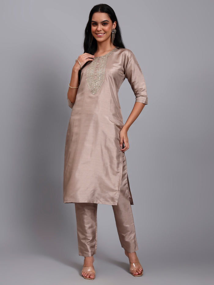 Women Biscuit Silk Blend Embroidered Kurta Pant Set | Sequins & Zari Work Yoke | Festive Wear