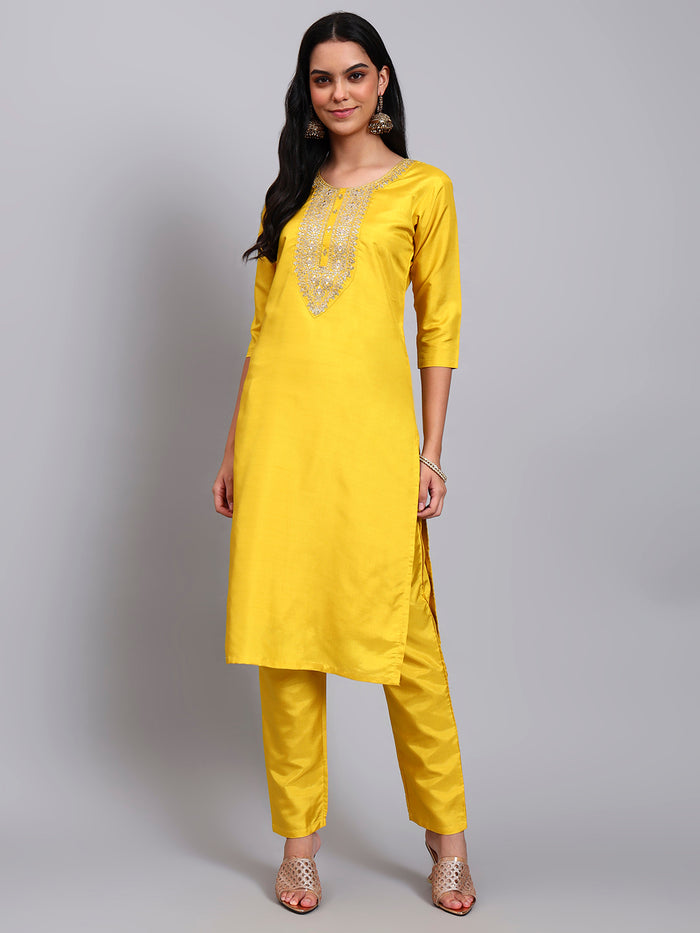 Women Yellow Silk Blend Embroidered Kurta Pant Set | Sequins & Zari Work Yoke | Festive Wear