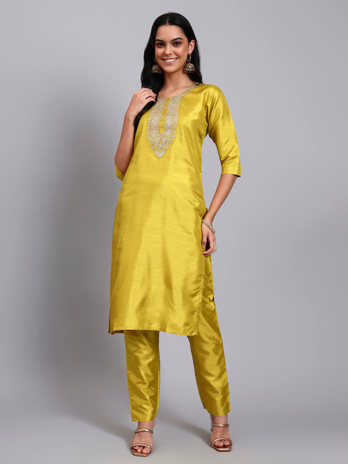 Women Parrot Green Silk Blend Embroidered Kurta Pant Set | Sequins & Zari Work Yoke | Festive Wear