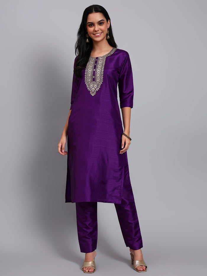 Women Purple Silk Blend Embroidered Kurta Pant Set | Sequins & Zari Work Yoke | Festive Wear