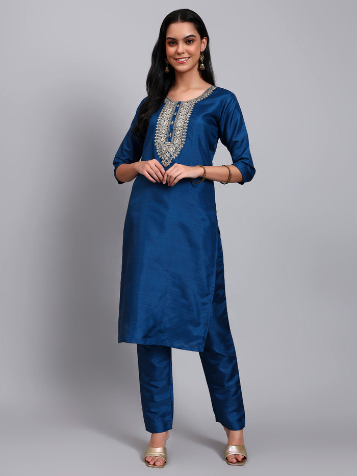 Women Navy Blue Silk Blend Embroidered Kurta Pant Set | Sequins & Zari Work Yoke | Festive Wear