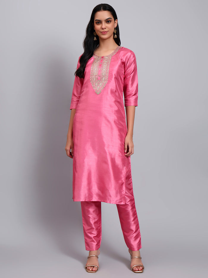 Women Pink Silk Blend Embroidered Kurta Pant Set | Sequins & Zari Work Yoke | Festive Wear