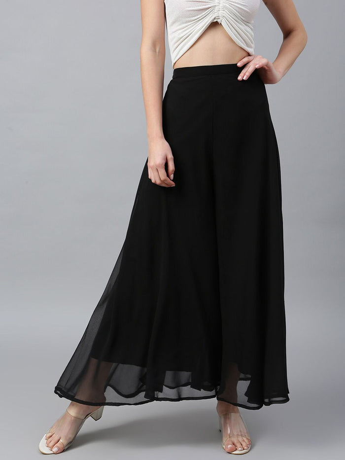 JDS LifeStyle Flowy Georgette Palazzo Pants in Jet Black - Wide Leg Ethnic Bottoms