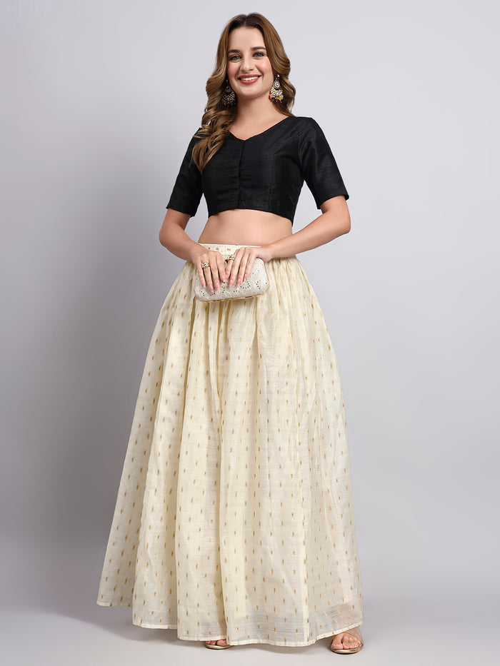 JDS LifeStyle Cream Chanderi Silk Skirt with Gold Foil Print - Flared Ethnic Maxi Skirt