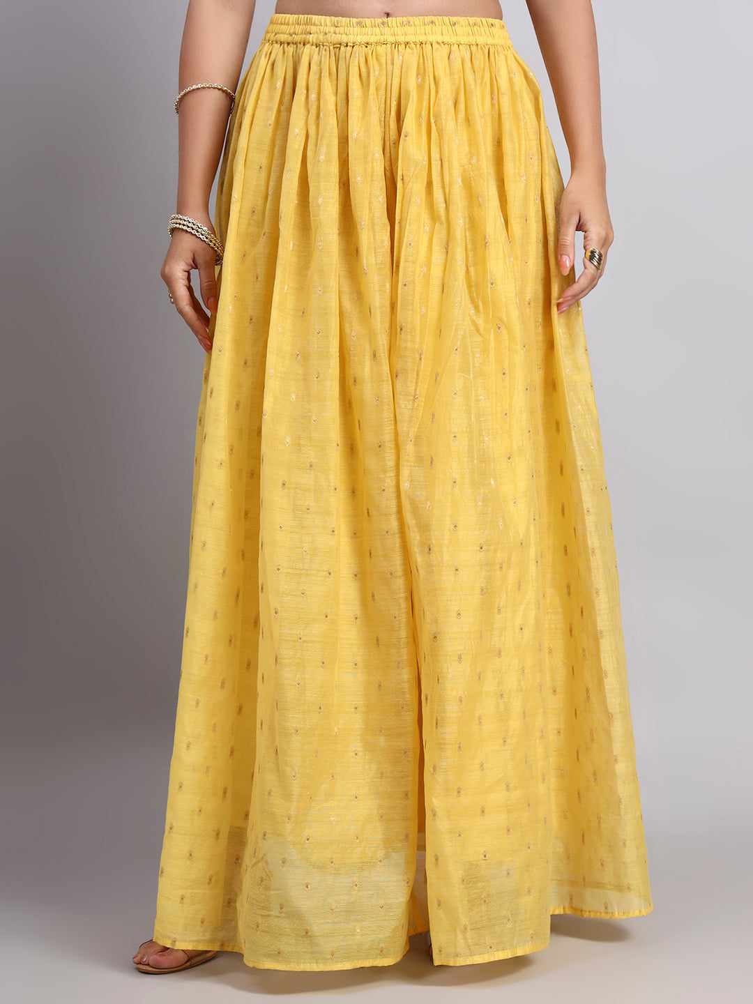 Women’s Yellow Chanderi Jacquard Silk Flared Skirt