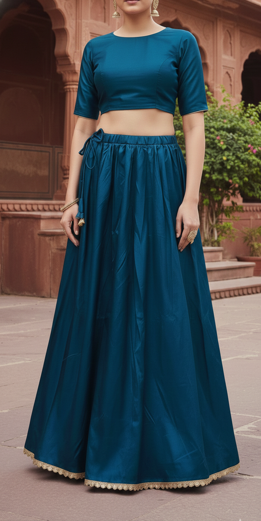 Women’s Navy Blue Silk Blend Flared Skirt with Lace Border