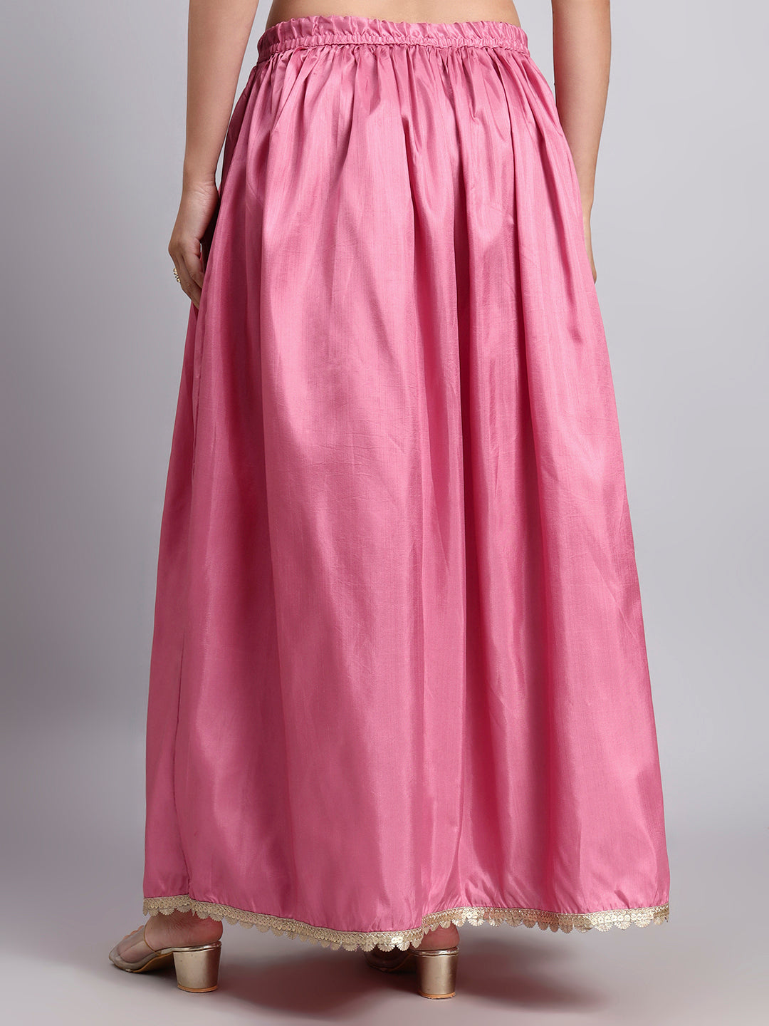 Women’s Pink Silk Blend Flared Skirt with Lace Border