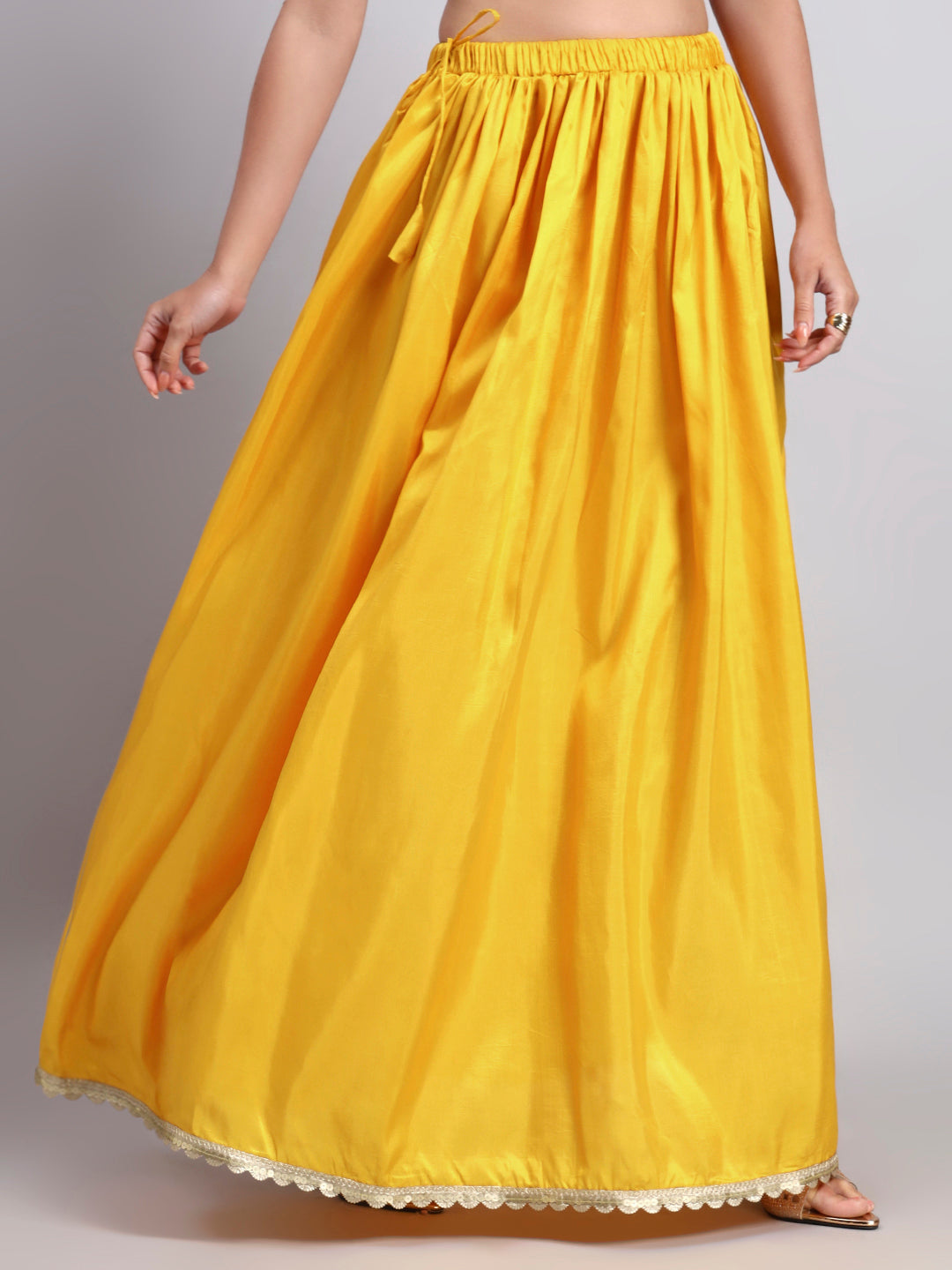 Women’s Yellow Silk Blend Flared Skirt with Lace Border