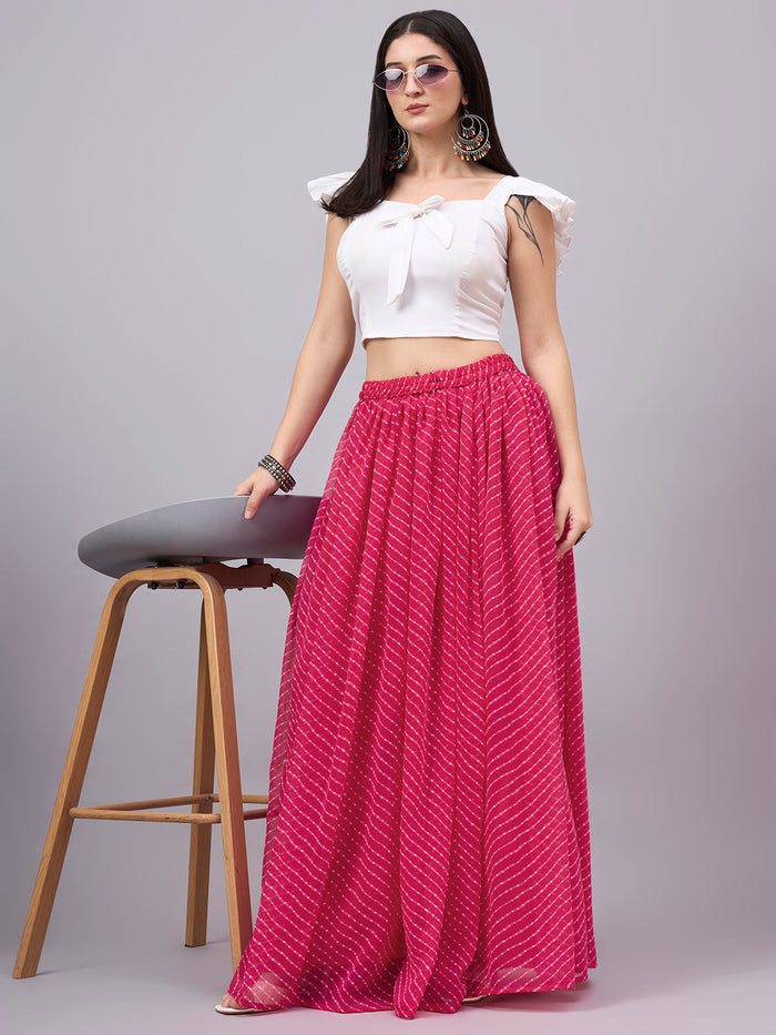 Rani Pink Printed Poly Georgette Flared Skirt