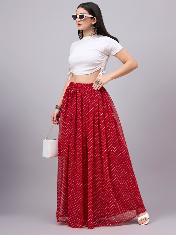 Red Printed Poly Georgette Flared Skirt