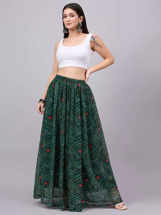 Green Printed Poly Georgette Flared Skirt
