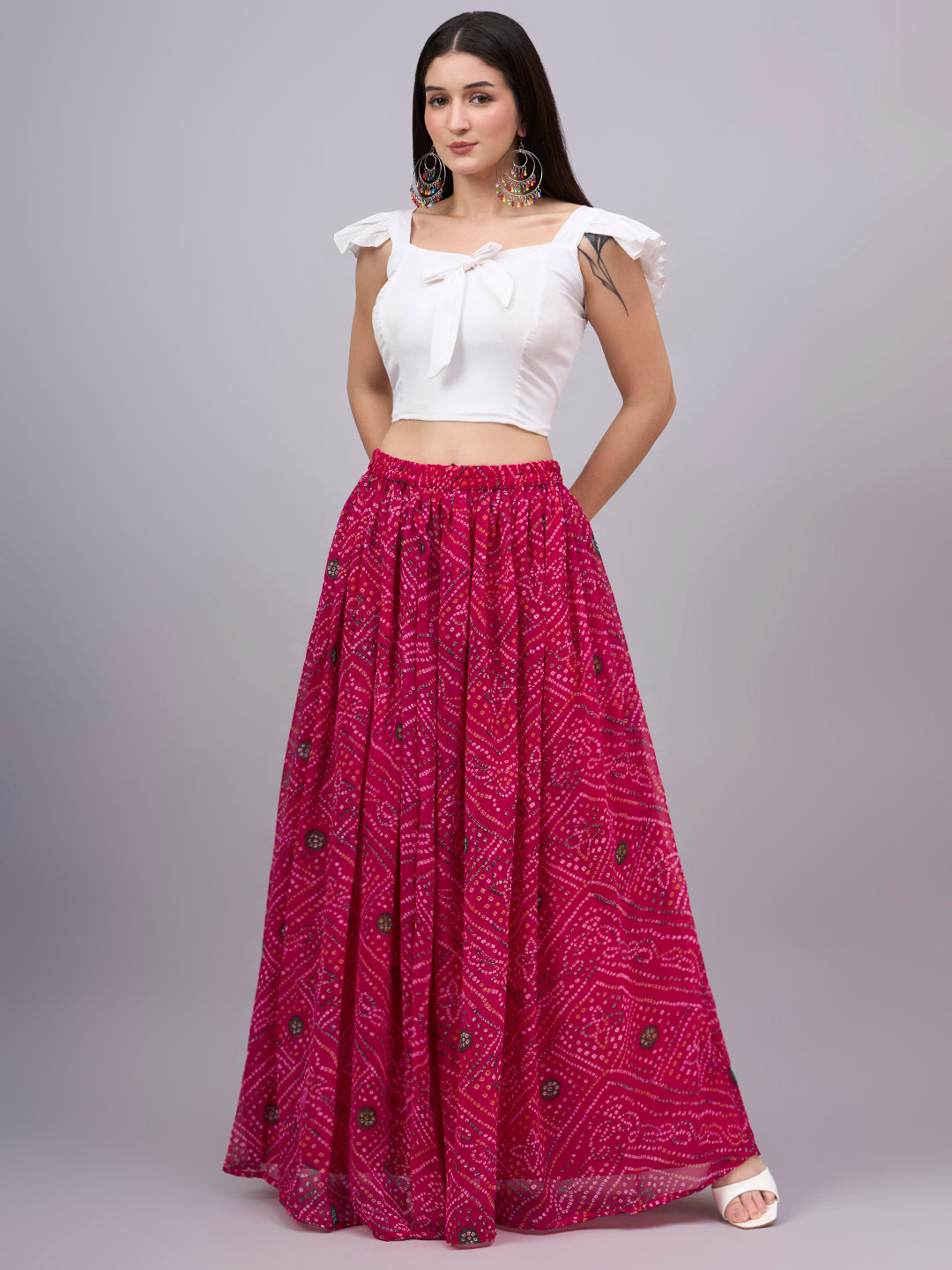 Rani Pink Printed Poly Georgette Flared Skirt