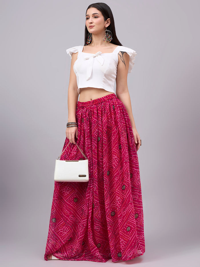 Rani Pink Printed Poly Georgette Flared Skirt