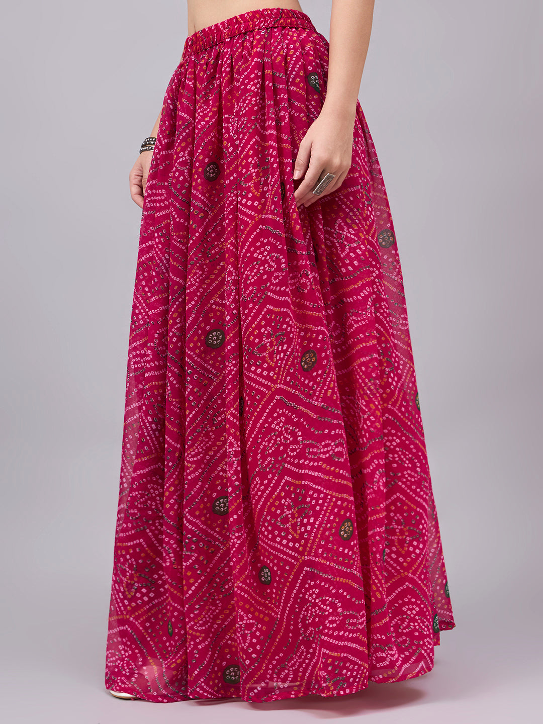 Rani Pink Printed Poly Georgette Flared Skirt