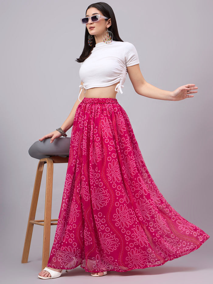 Women’s Rani Pink Printed Poly Georgette Flared Skirt
