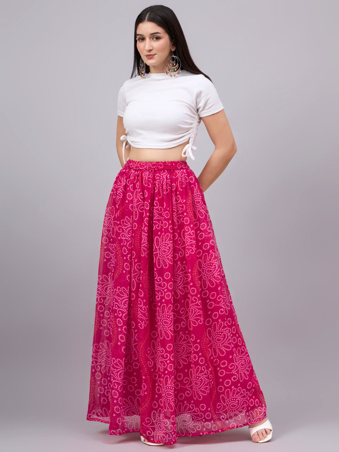 Women’s Rani Pink Printed Poly Georgette Flared Skirt