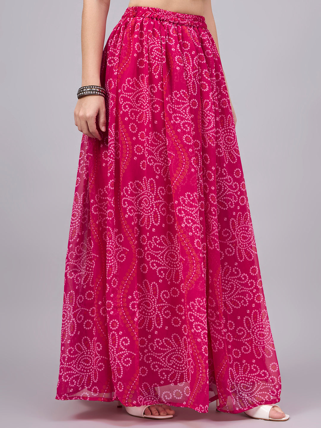 Women’s Rani Pink Printed Poly Georgette Flared Skirt